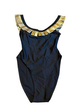 Gideon Oberson Vintage Black Swimsuit One Piece Gold Detail Low Back Size 8 NWT